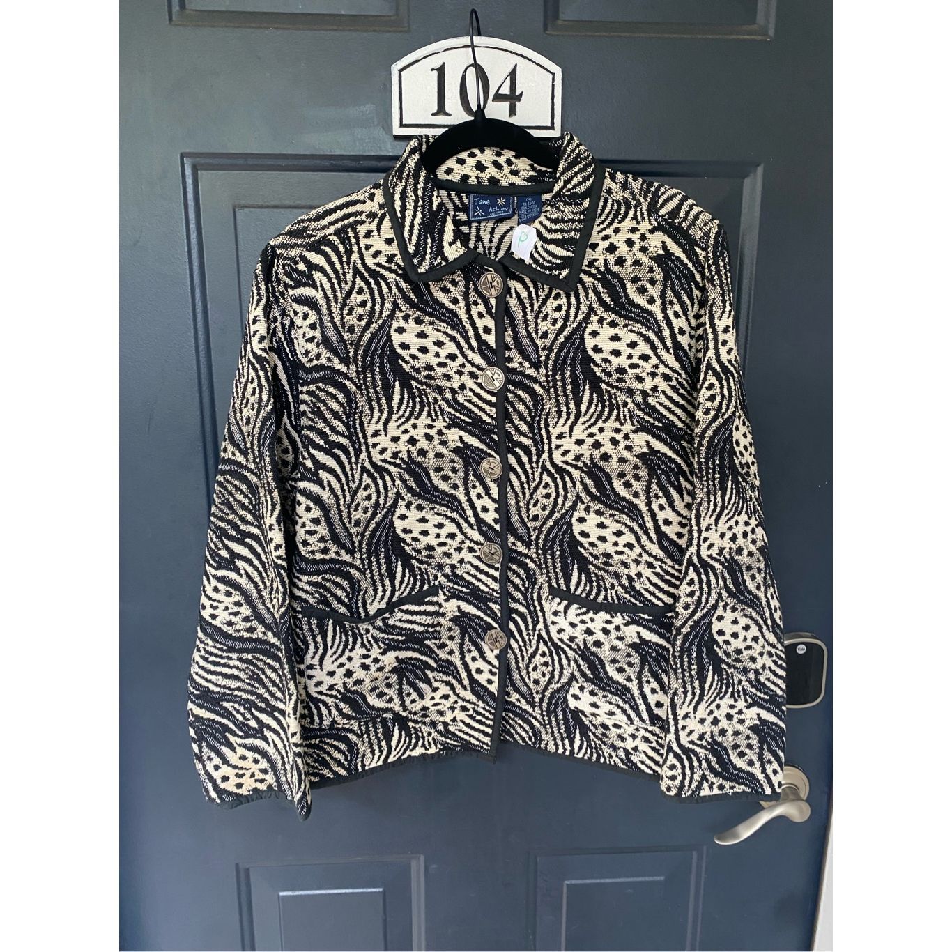 Jane Ashley Cream Black Blue Button Knit Jacket, Size Medium